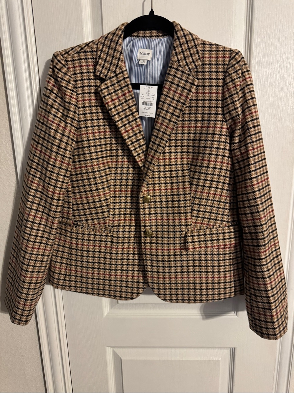 J. Crew Tan and Black Plaid Wool-Blend Blazer with Subtle Red Accents